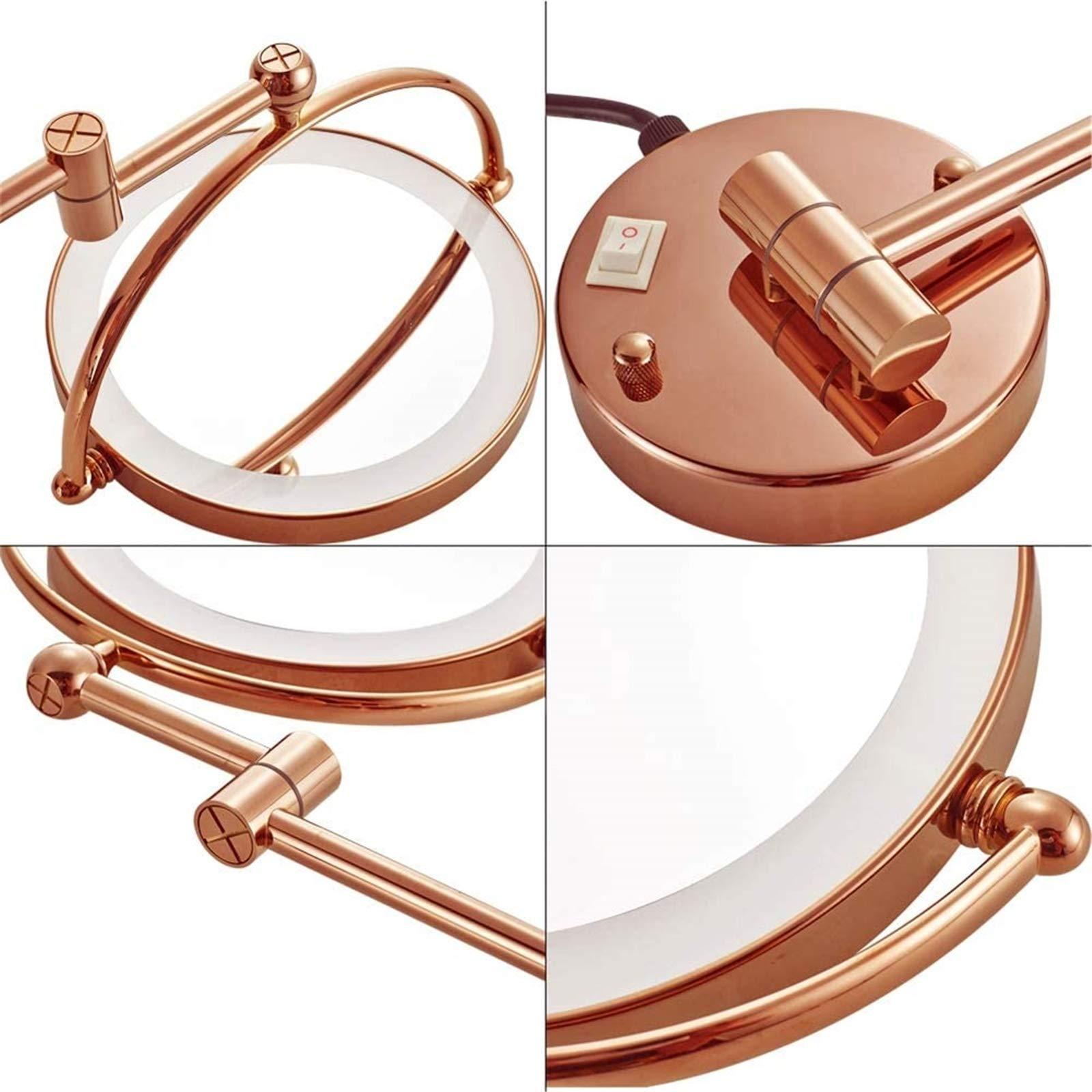 DMNSDD 8 inch Illuminated Makeup Mirror, Double Sided Magnification Mirror with LED Light, Bathroom Extendable Wall-mounted Vanity Shaving Mirror with Switch Plug,Rose gold,3X