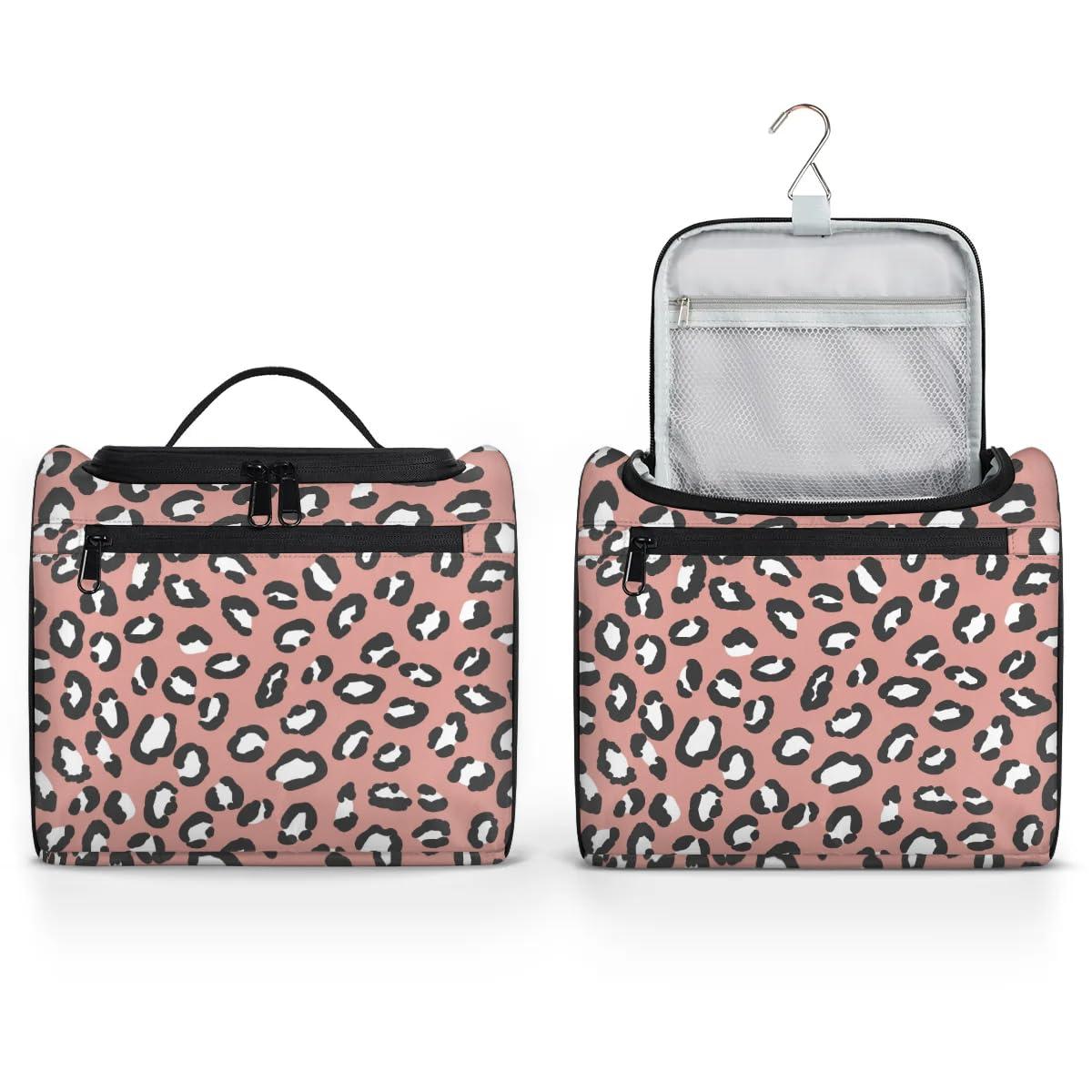 OMFUNS OMFUNS Dark Pink Leopard Print Hanging Toiletry Bag Wash Makeup Bag for Women Men Travel Cosmetics Bag Shaving Bag Organizer Kit for Accessories, Cosmetics, Travel Essentials