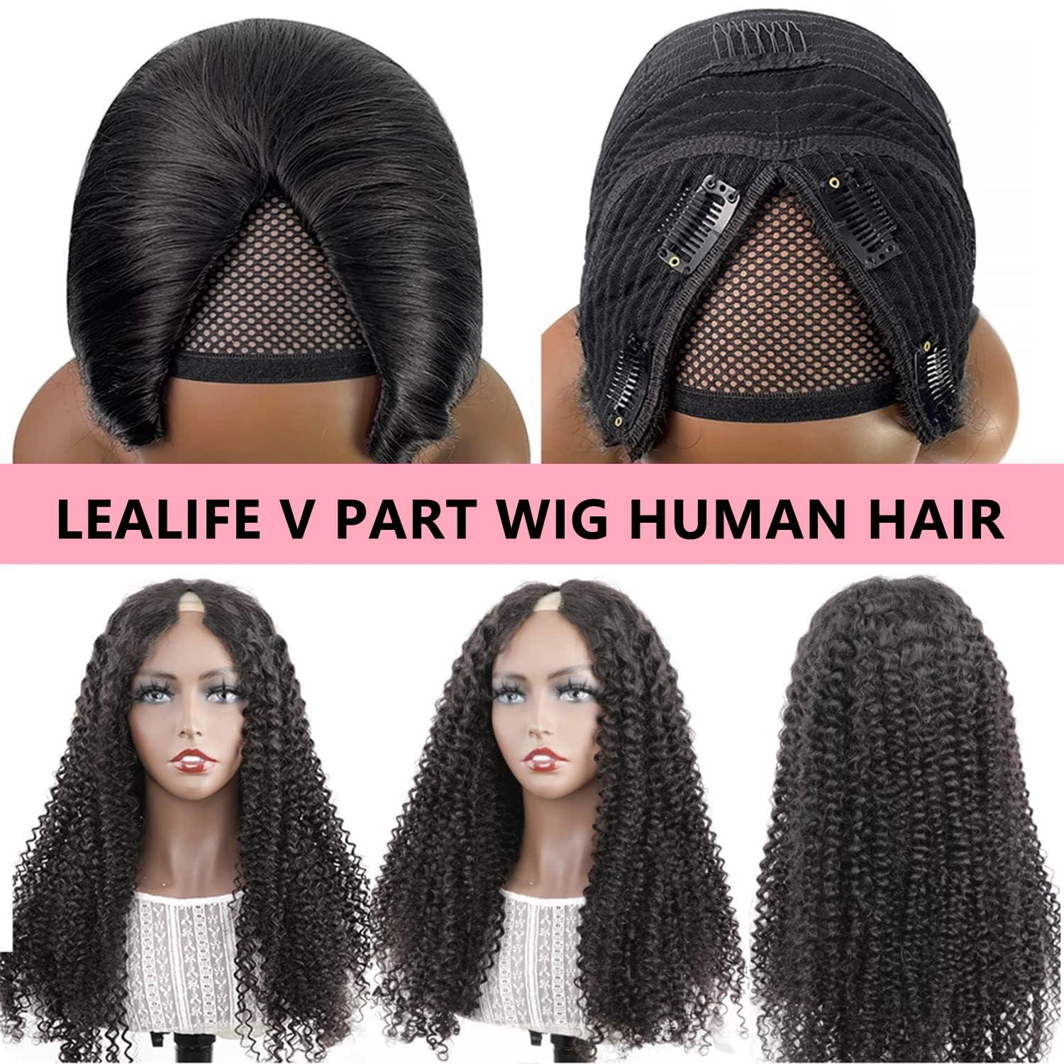 Lealife 18 Inch V Part Wig Human Hair Curly,V Part KinkyCurly Wig for Women,Glueless No Leave Out No Sew in Upgrade U Part Full Head Clip in Natural Black 12A Human Hair 200% Density