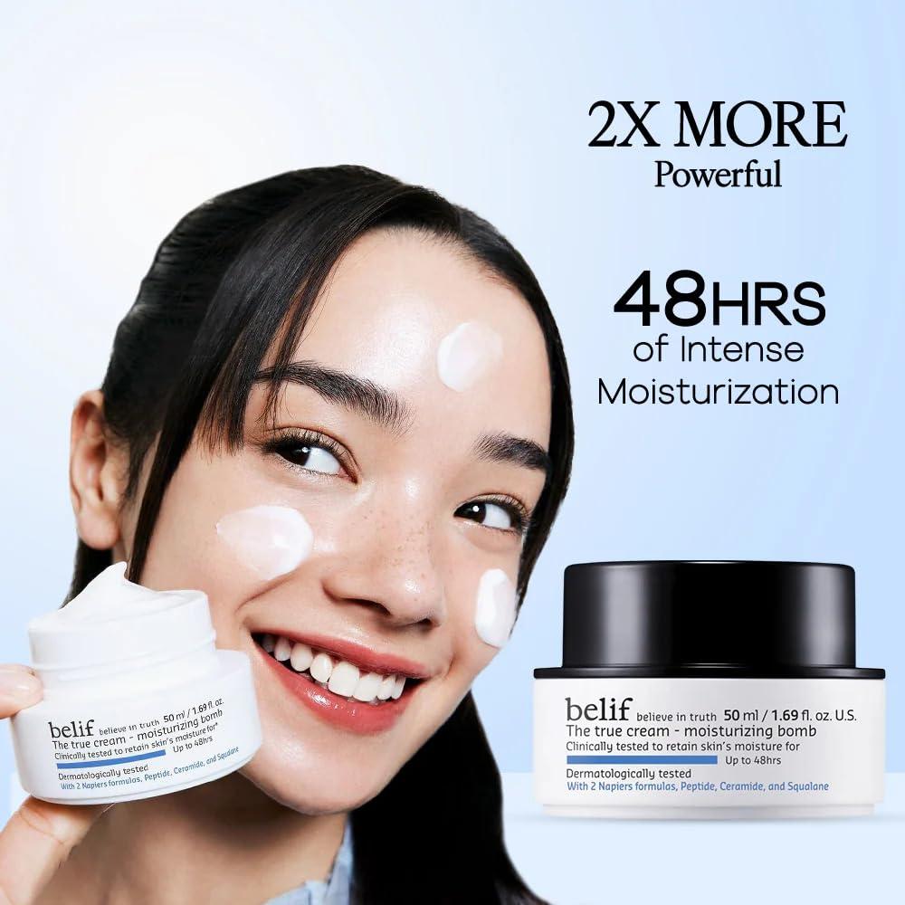 belif belif Moisturizing Bomb Daily Ceramide Moisturizer with Peptide & Squalane, 48hr Hydration & Anti-Aging Cream, Milky & Lightweight, Restores Skin Barrier, Korean Skincare, 1.68 fl oz (50ml)