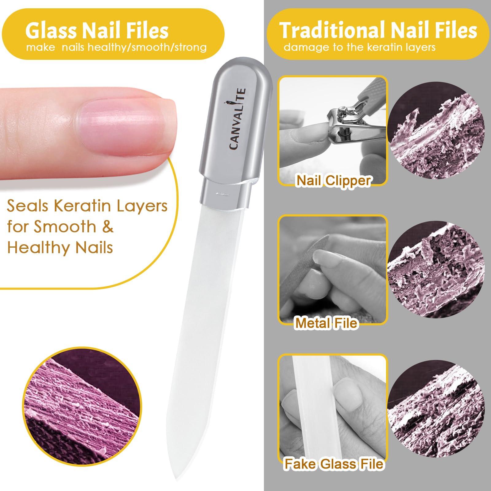 CANVALITE CANVALITE Glass Nail File Set for Natural Nails Crystal Nail Files Glass Fingernail File Double-Sided Etched Gentle Nail Care Stocking Stuffers for Women Girls Gifts, Pack of 2(Silver + Red)