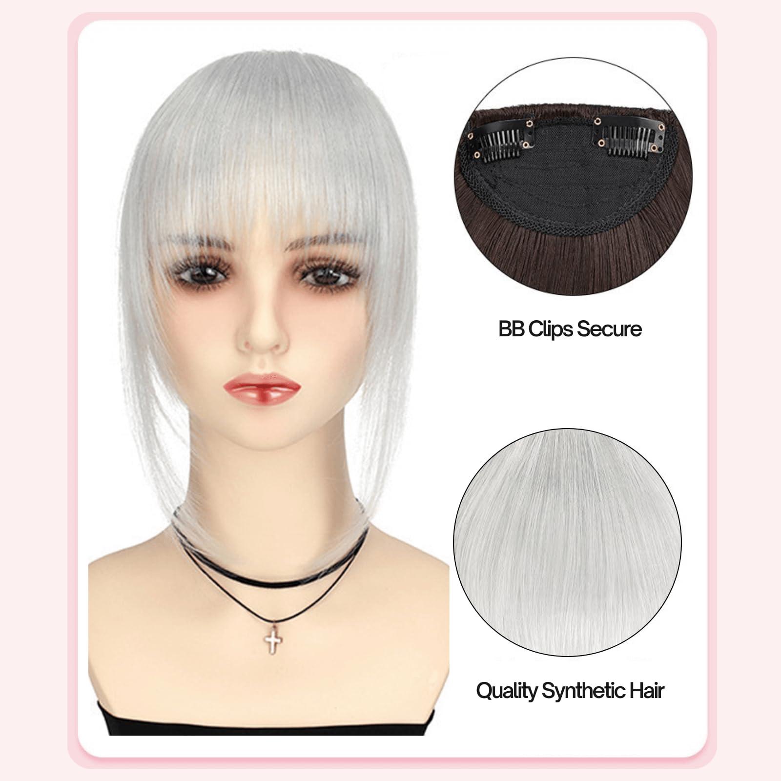 VAVANGA VAVANGA French Hair Bangs Clip on, Silver Grey Long Wispy Bangs Hair Clip with Temples Natural Fringe Neat Bangs Hair Clip Hair Piece Long Bangs Clip in Hair Extensions for Women(Silver Grey)