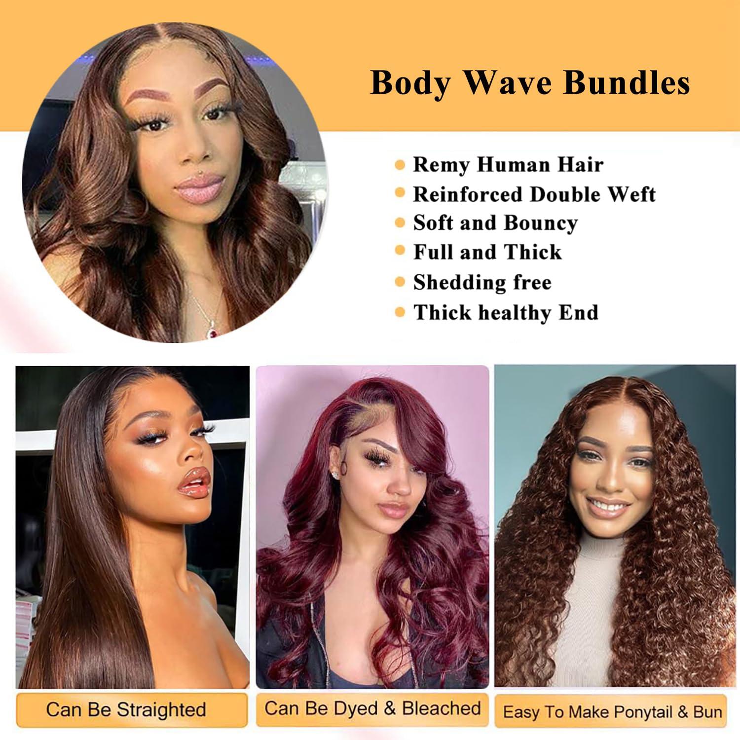 QXRM Body Wave Bundles Human Hair - 12A Brazilian Virgin Human Hair Bundles Double Weft Weave 100G Body Wave 3 Bundles Unprocessed Weave (#4 Medium Brown Body Wave, 10 Inch)