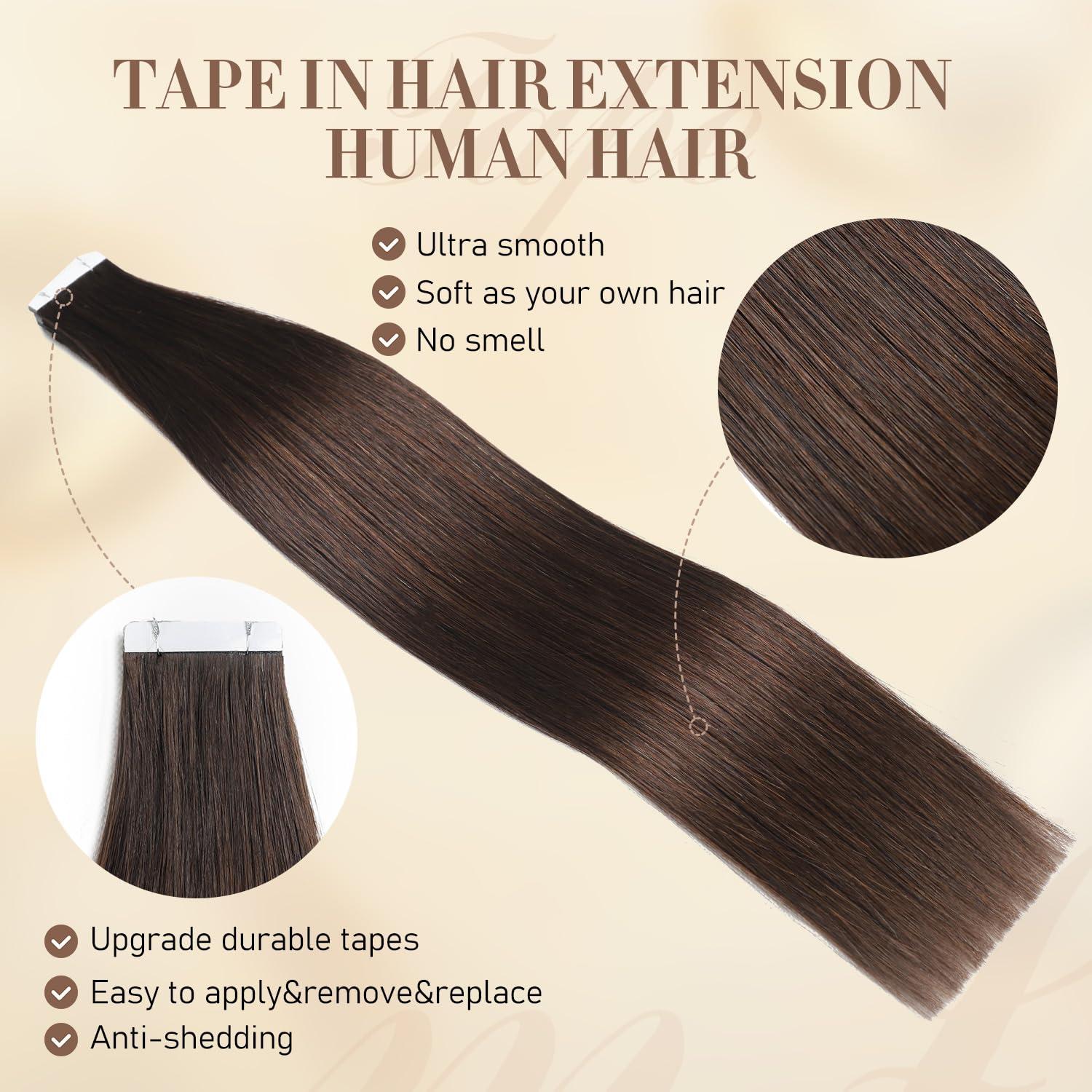 YGP YGP Brown Tape in Hair Extensions Human Hair 22 Inch 50g 20 pcs Dark Brown Tape in Extensions Seamless Skin Weft Invisible Tape Hair Extensions