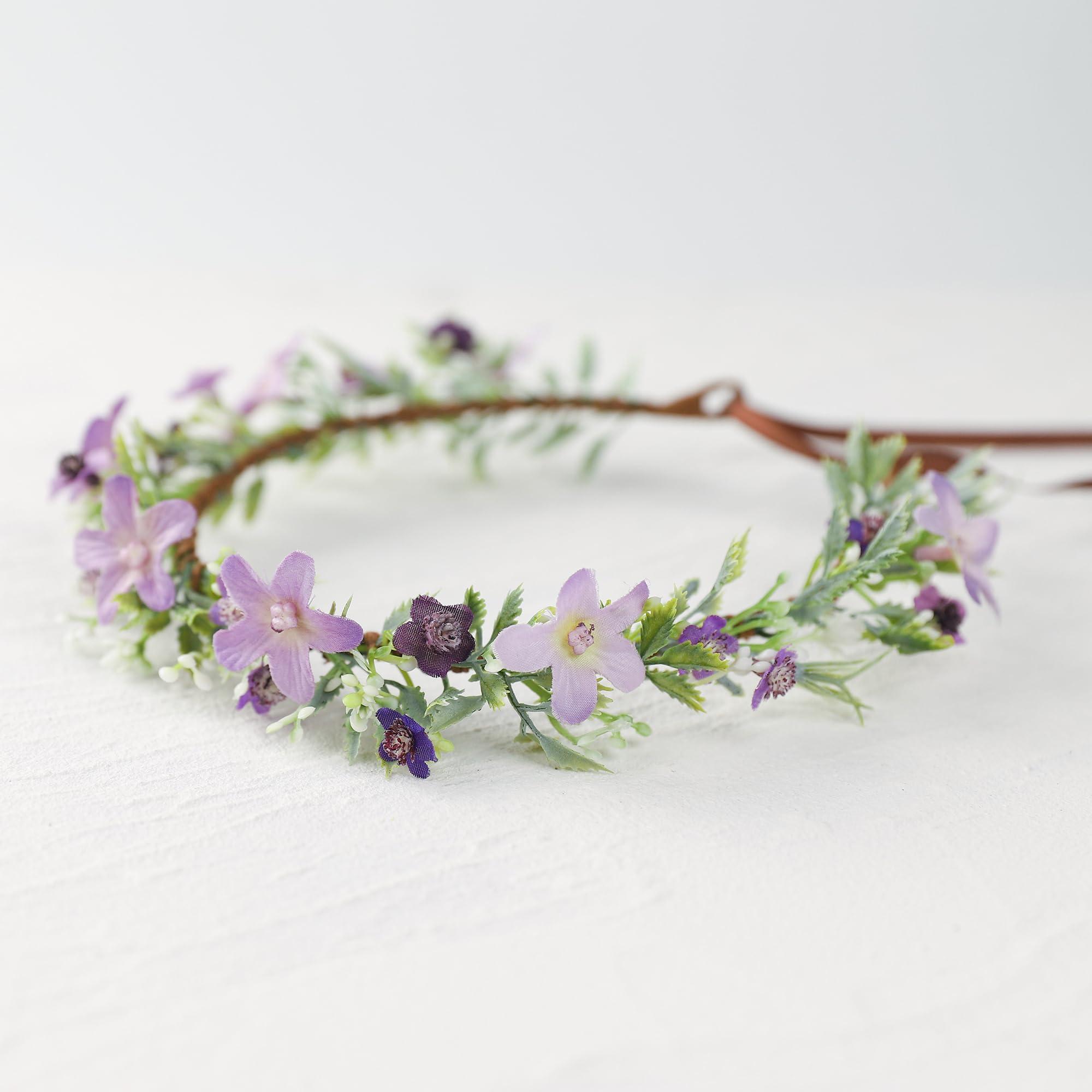 KorViSHOW KorViSHOW Handmade Purple Flower Crown Floral Headband for Bridal Weeding Elf Wreath Women Girls Headdress Fairy Green Leaf Headpiece Cosplay Photo Prop