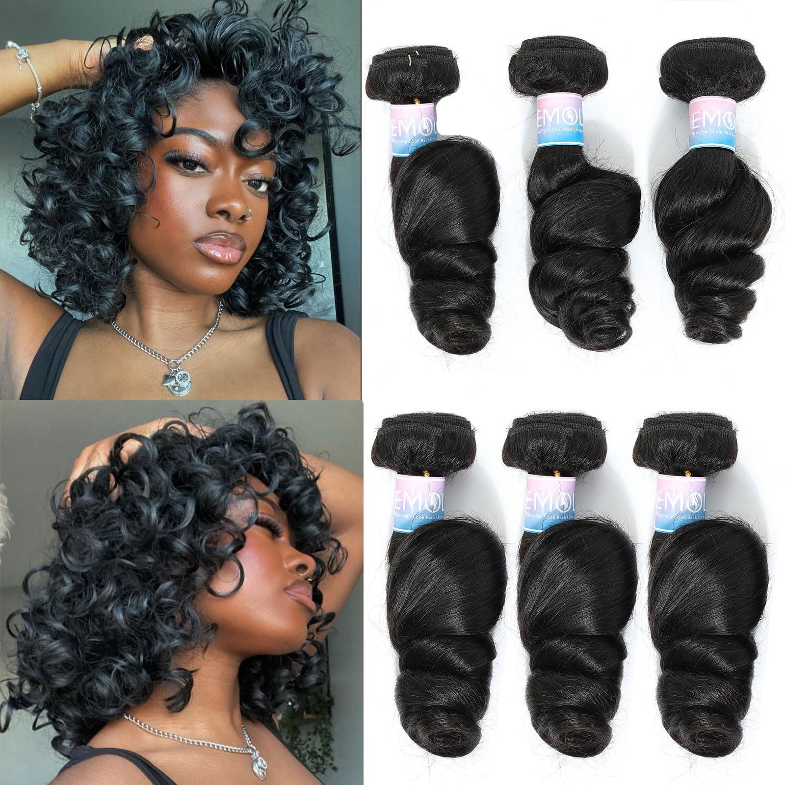 EMOL EMOL Loose Wave Bundles Human Hair Weave 3 Bundles Virgin Brazilian Loose Wavy Human Hair Weft Big Loose Spiral Wand Curls Short Hair Bundles Natural Black Human Hair Extensions 10 12 14 Inch