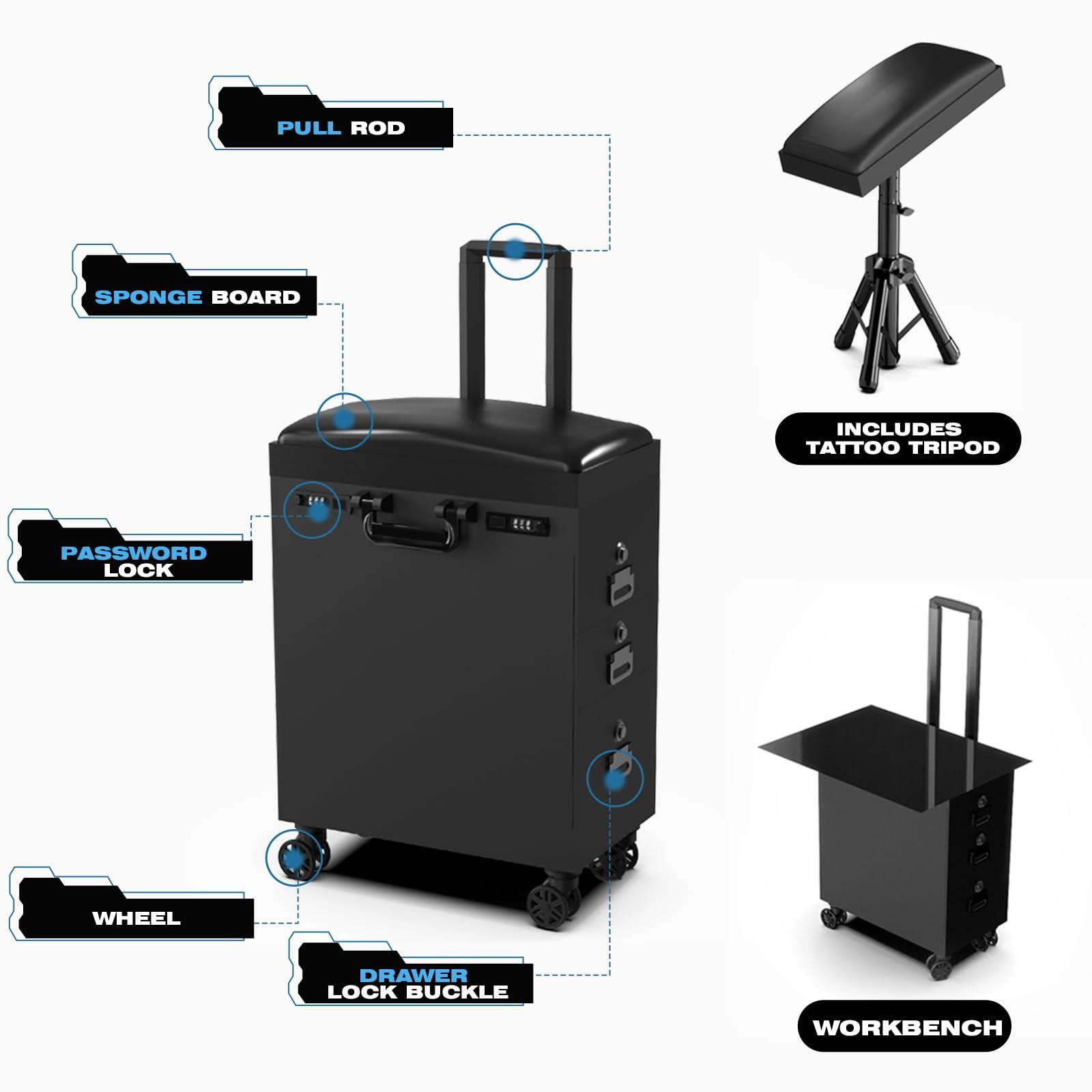 NBTA2 NBTA2 Tattoo Travel Case Tattoo Trolley Case Portable Tattoo Station Suitcase With 3 Drawers and Tattoo Armrest Stand 2 in 1 Tattoo Work Station