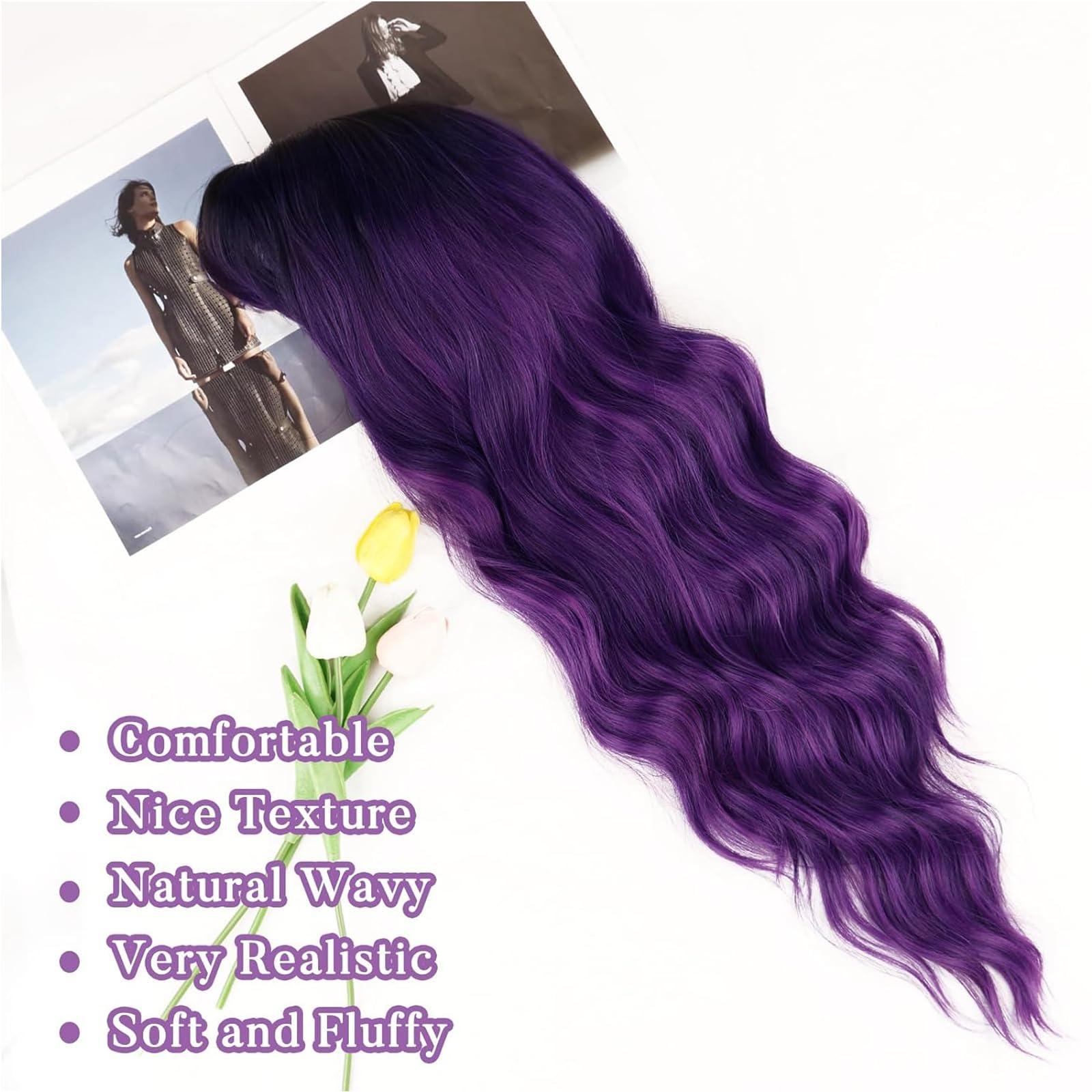 Petelf Long Purple Wigs for Women Ombre Dark Purple Wig with Bangs Dark Roots Wet and Wavy Wig Heat Resistant Glueless Synthetic Hair Replacement Cosplay Wig (Purple)