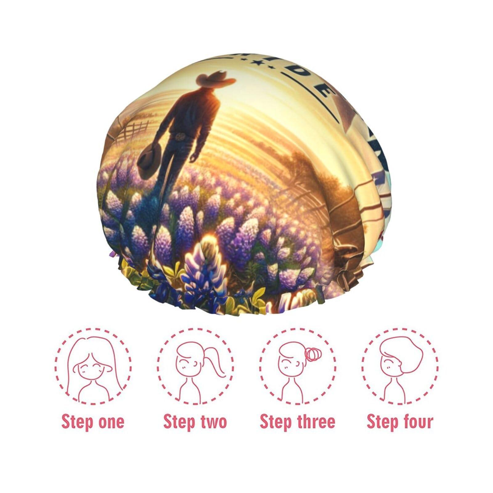 Augenstern Women Reusable Shower Cap Texas-Pride-Star Double Layers Waterproof Elastic Band Bath Hair Hat Stretch Hem Hair Hat