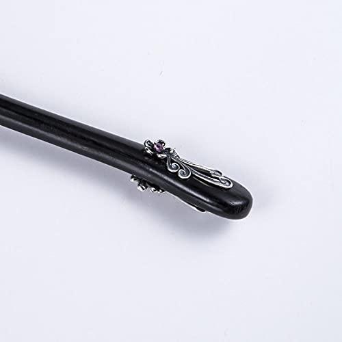WCKJ Wooden Hair Sticks for Women,Chinese Japanese Retro Sandalwood Hair Pin Accessories 925 Sterling Silver Flower Rhinestone Hanfu Wood Hair Chopsticks for Women Hair Accessories