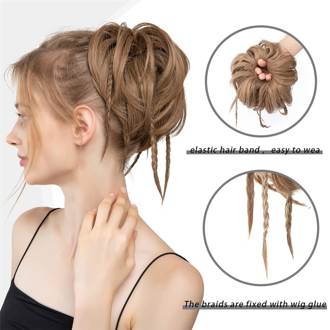 SSJFZM Chignon Messy Braided Bun Synthetic Fake Hair Piece Cover Scrunchie Updo With Elastic Band High Temperature Fiber For Woman 4T33