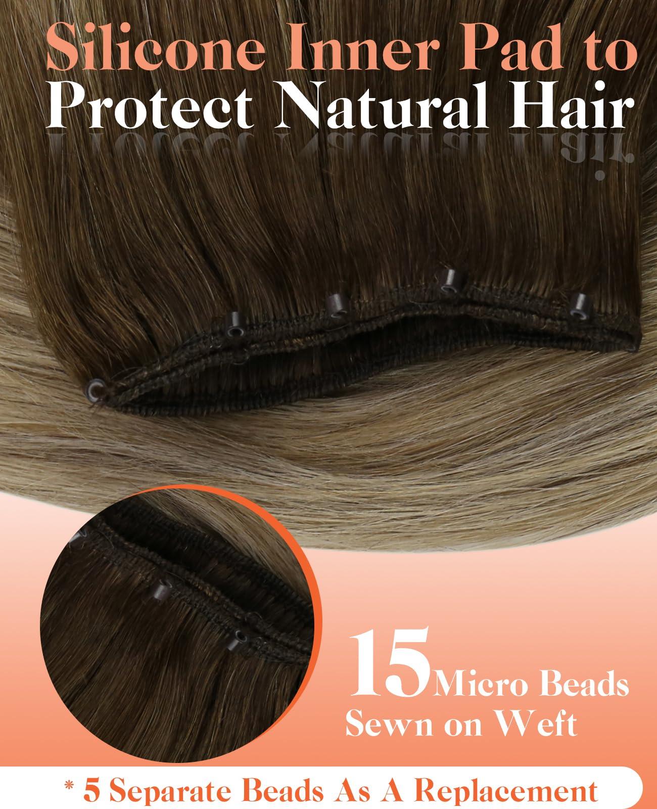 Sunny Hair Sunny Hair Beaded Weft Hair Extensions Human Hair 50G Micro Bead Hair Extensions Real Human Hair Vigorous Weft Hair Extensions with Micro Beads Cool Brown Balayage Light Brown to Blonde 16 inch