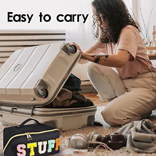 MZLUWM MZLUWM Stoney Clover Dupes Preppy Makeup Bag, Wide Open Cosmetic Bag, Portable Nylon Waterproof Travel Toiletry Bag for Women, Preppy Stuff Makeup Pouch for Girls with Chenille Letter and Handle