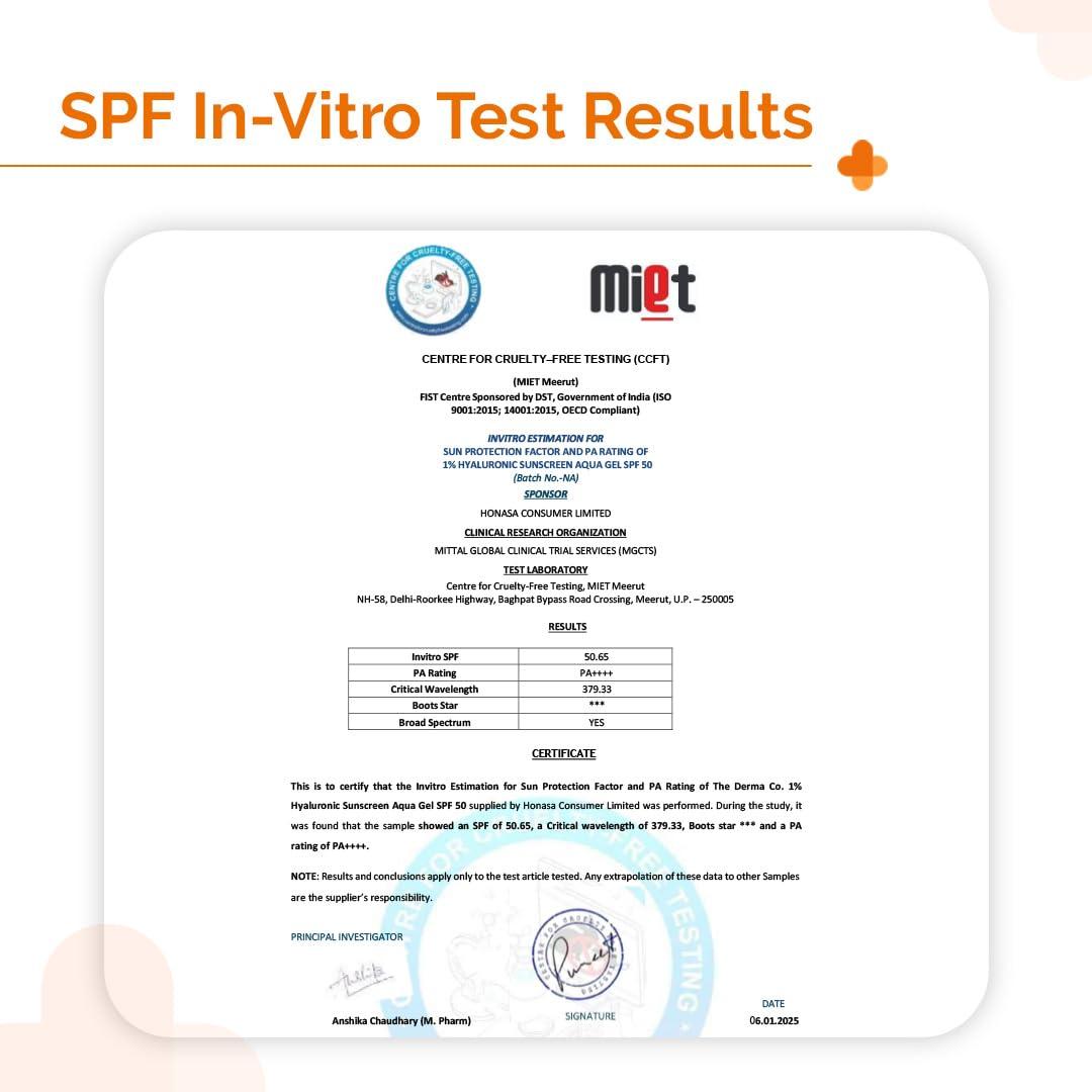 The Derma Co The Derma Co 1% Hyaluronic Sunscreen Aqua Gel with SPF 50 & PA++++ | Broad Spectrum UVA/B & Blue Light Protection | Lightweight & Quick Absorbing with Vitamin E | 1.76 Oz/50g