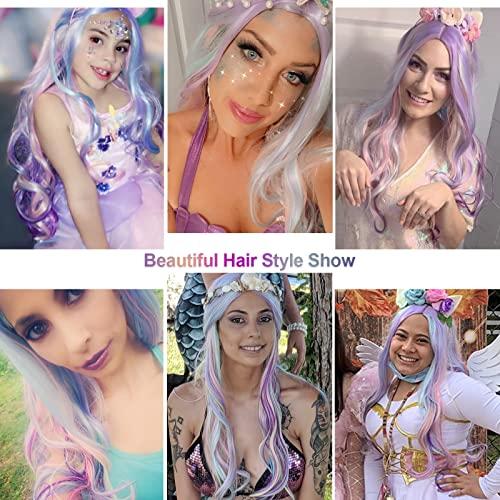 AGPTEK AGPTEK Full Long Curly Wavy Rainbow Hair Wig Bundles with 13 Inches Straight Heat Resistant Short Bob Hair Wigs for Women Cosplay Daily Party, Music Festival, Theme Parties, Wedding, Concerts, Cosplay
