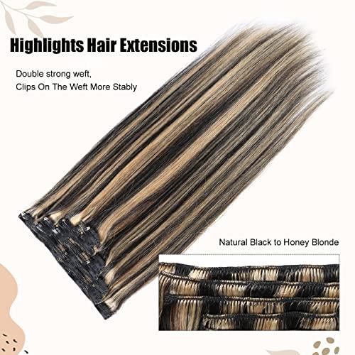 Asteria Asteria Hair Clip in Extensions Human Hair Full Head Ombre Natural Black Fading to Honey Blonde Real Hair Extensions Clip in Human Hair Highlights Straight Clip Ins For Women 7 Pcs 120g 20 Inch