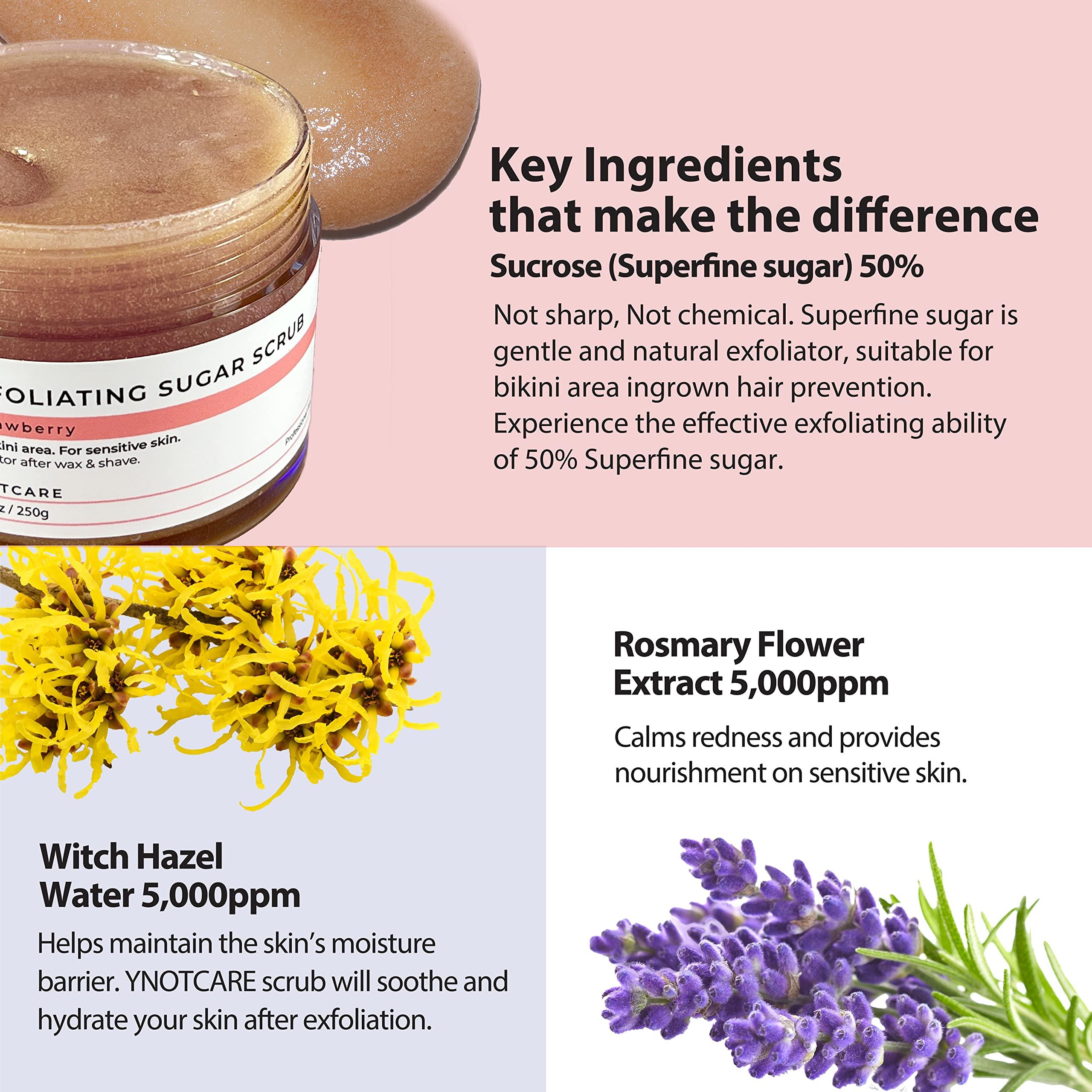 YNOTCARE YNOTCARE Exfoliating Sugar Scrub-For Bikini Intimate Area, Sensitive Skin, Prevent Ingrown Hair and Razor Bumps After Brazilian Wax And Bikini Shave, Strawberry/8.81oz