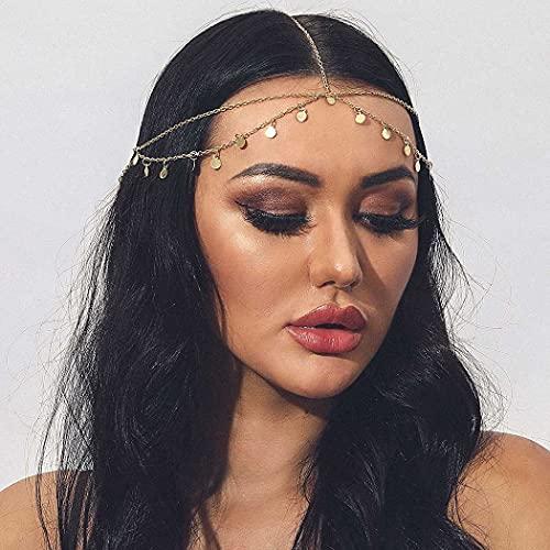 Brinie Brinie Boho Head Chain Gold Small Coins Hair Chain Wedding Head Jewelry Festival Halloween Costume Bridal Hair Chain Headpiece Hair Accessories for Women and Girls