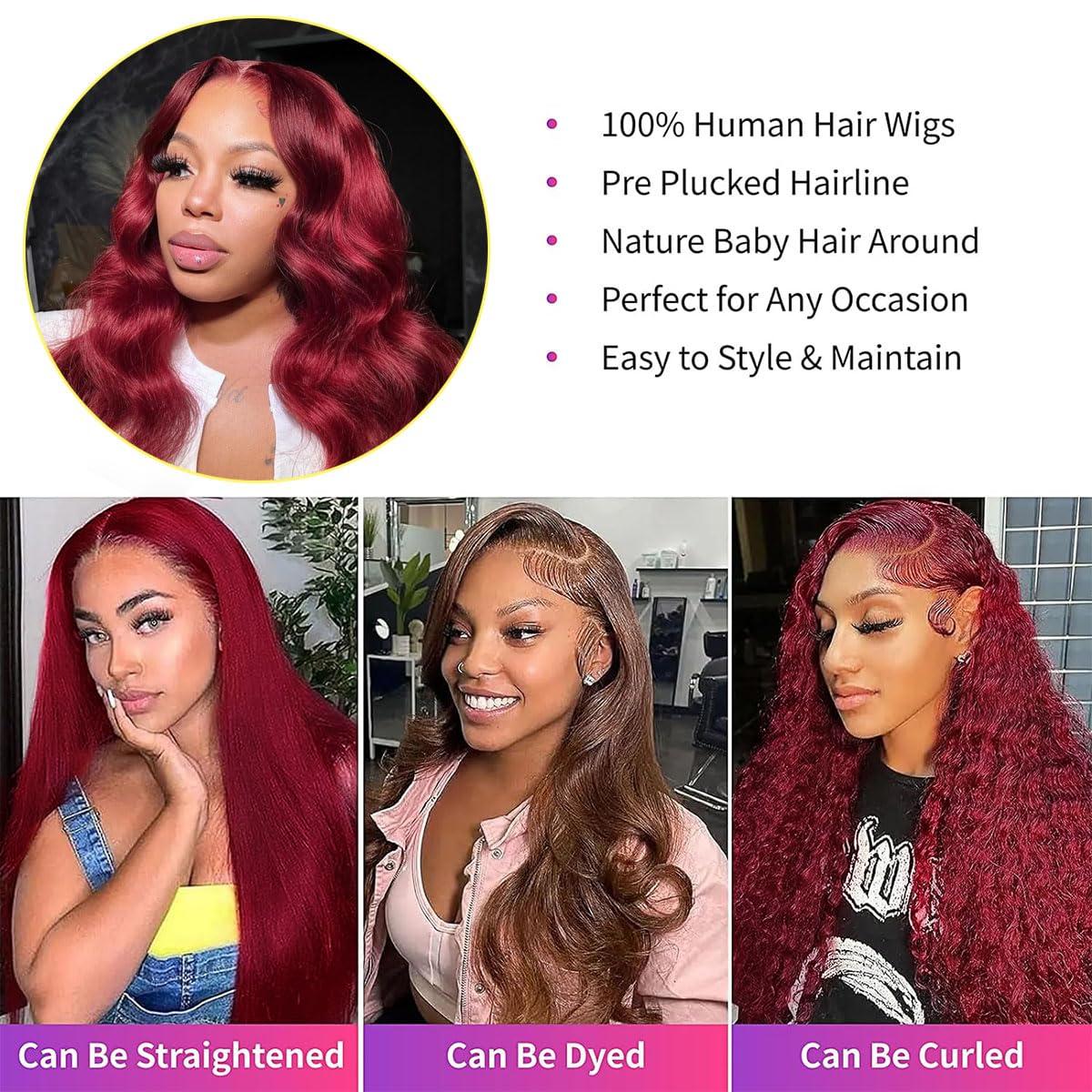 magicjoy magicjoy 99J 13x6 HD Lace Front Wigs Human Hair Pre Plucked Burgundy Lace Front Wigs Human Hair Body Wave 180% Density Glueless Red Wine Wigs for Women Human Hair Red Lace Front Wig Body Wave 24 Inch