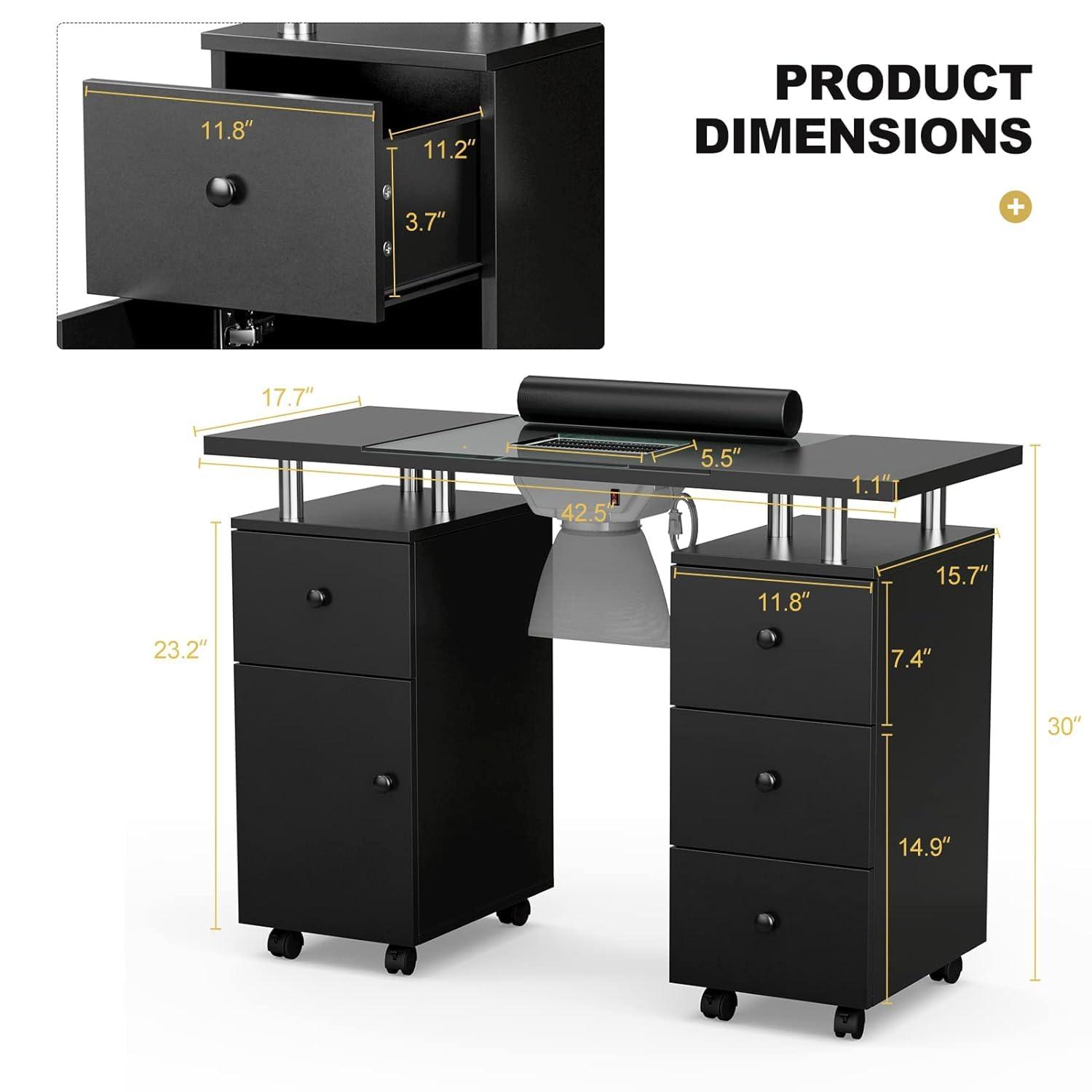 Paddie Paddie Manicure Table Set, Glass Top Nail Makeup Desk Nail Table Station with No Wheels Chair Set for Nail Tech w/Electric Downdraft Vent, Wrist Cushion, Lockable Wheels,Wooden HandlesBlack-Combo