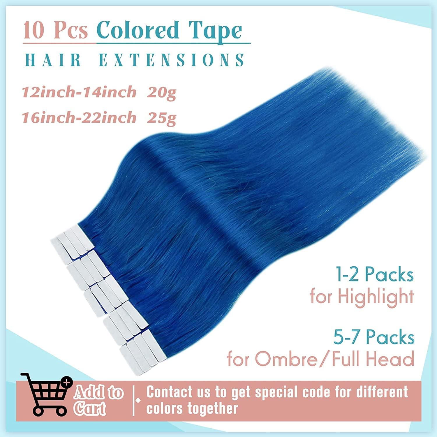 RUNATURE RUNATURE Bundles 18 Inch Purple Hair Extensions Real Human Hair Clip ins 25g 5pcs and Blue Tape in Hair Extensions 25g 10pcs