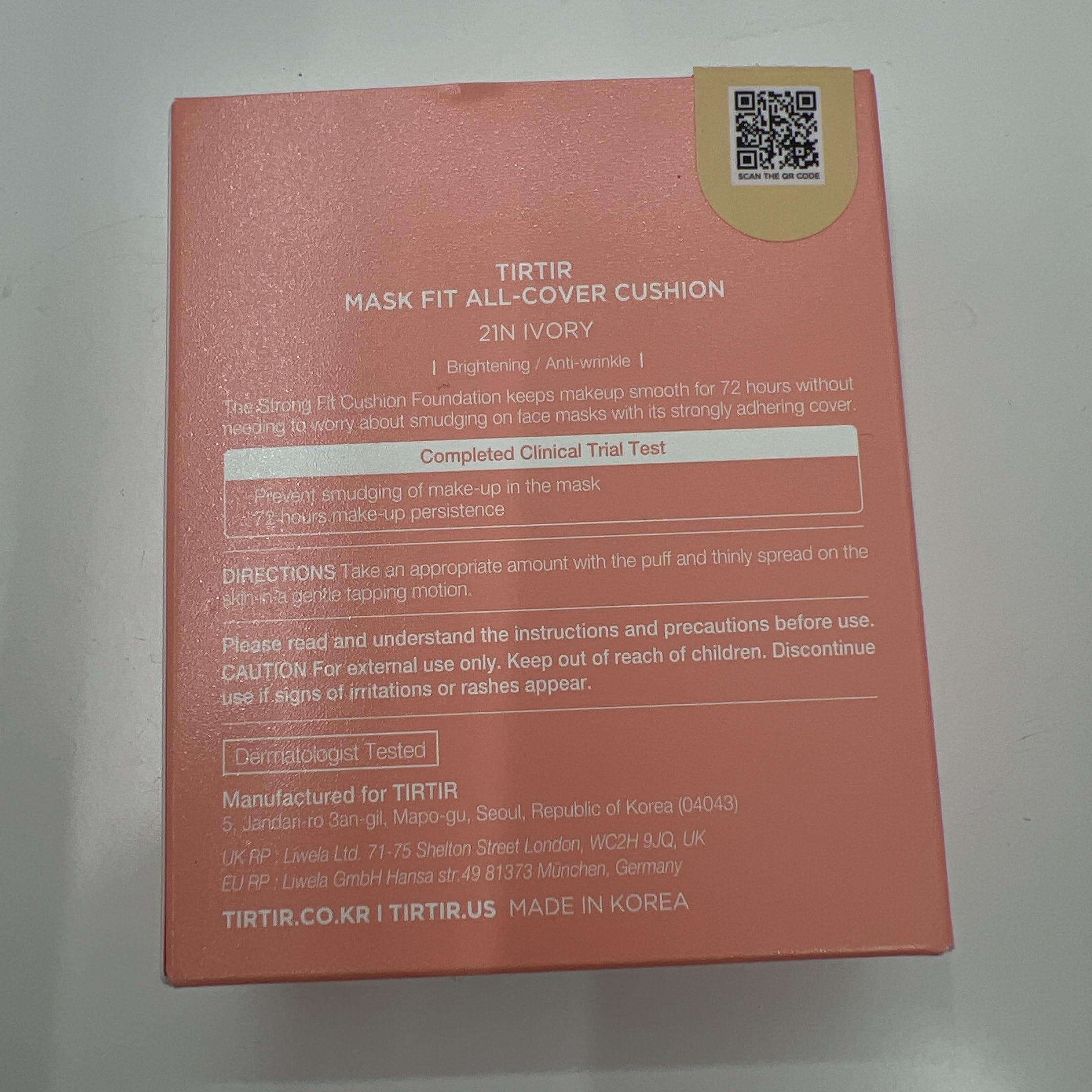 TIRTIR TIRTIR Mask Fit All Cover Pink Cushion Foundation | High Coverage, Velvety Matte Finish, Lightweight, Flawless, Corrects Redness, Korean Cushion, Pack of 1 (0.63 oz.), #21N Ivory