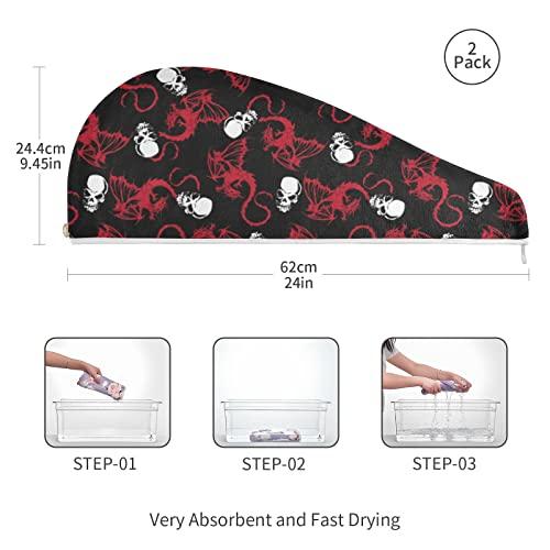 Poeticcity Seamless White Skull and Red Wing Flying Dragon on Dark Black 2 Packs Hair Towel Wrap, Absorbent Turban Bath Hair Towel Hat, Quick Drying Hair Towel with Button for Curly, Long, Thick Hair