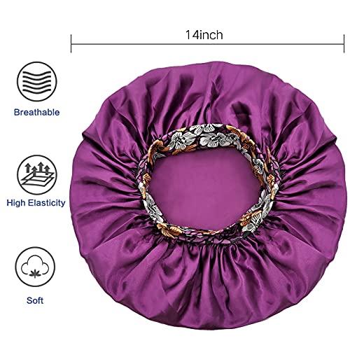 COSBAY 2PCS Satin Bonnets For Women,Soft Wide Elastic Band Silk Bonnet,Satin Silk Single Layer Large Satin Bonnet,Sleep Cap For Curly Hair,Satin Cap For Natural Braids Hair(Black+Wine Red)
