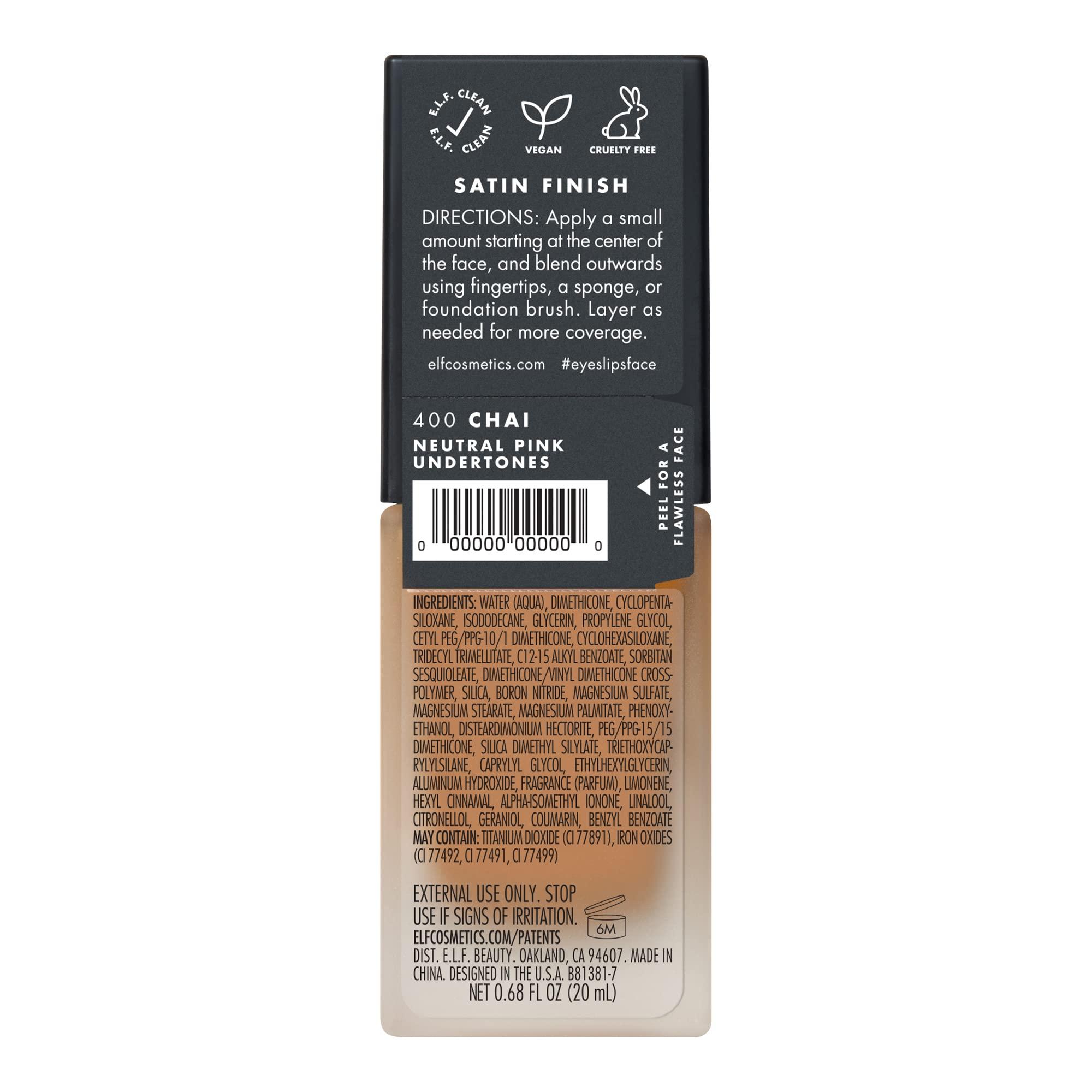 e.l.f. e.l.f. Flawless Satin Foundation, Lightweight & Medium Coverage, Semi-Matte Finish, Vegan & Cruelty-Free, Chai, 0.68 Fl Oz (20mL)