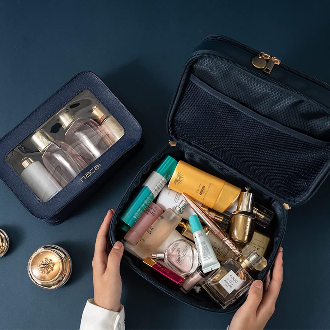 Fupeiwens Double Zip Cosmetic Train Case in Waterproof Design with Separate Brush Compartment,Travelling Double Layer Make Up Bag Organizer,Reusable Toiletry Bags,Brown