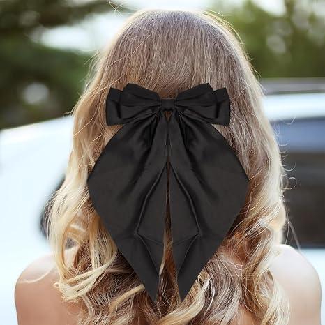 ROTATE COLOR Hair Bows, Hair Bows For Women Girls, Big Silky Satin Hair Bow Clips Oversized Long Tail, Aesthetic Cute Hair Accessories, Metal Bow Hair Clips (black+pink)