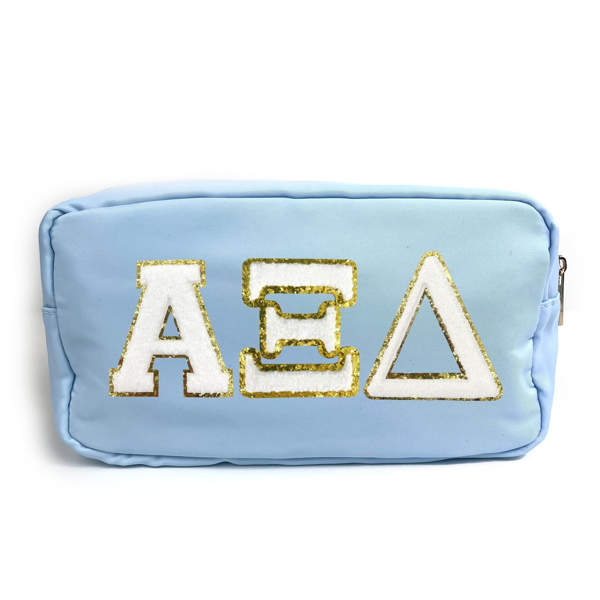 Go Greek Chic Alpha Xi Delta Nylon Makeup Travel Bag, Glitter Greek Letter Patch, Cosmetic Case - Blue -