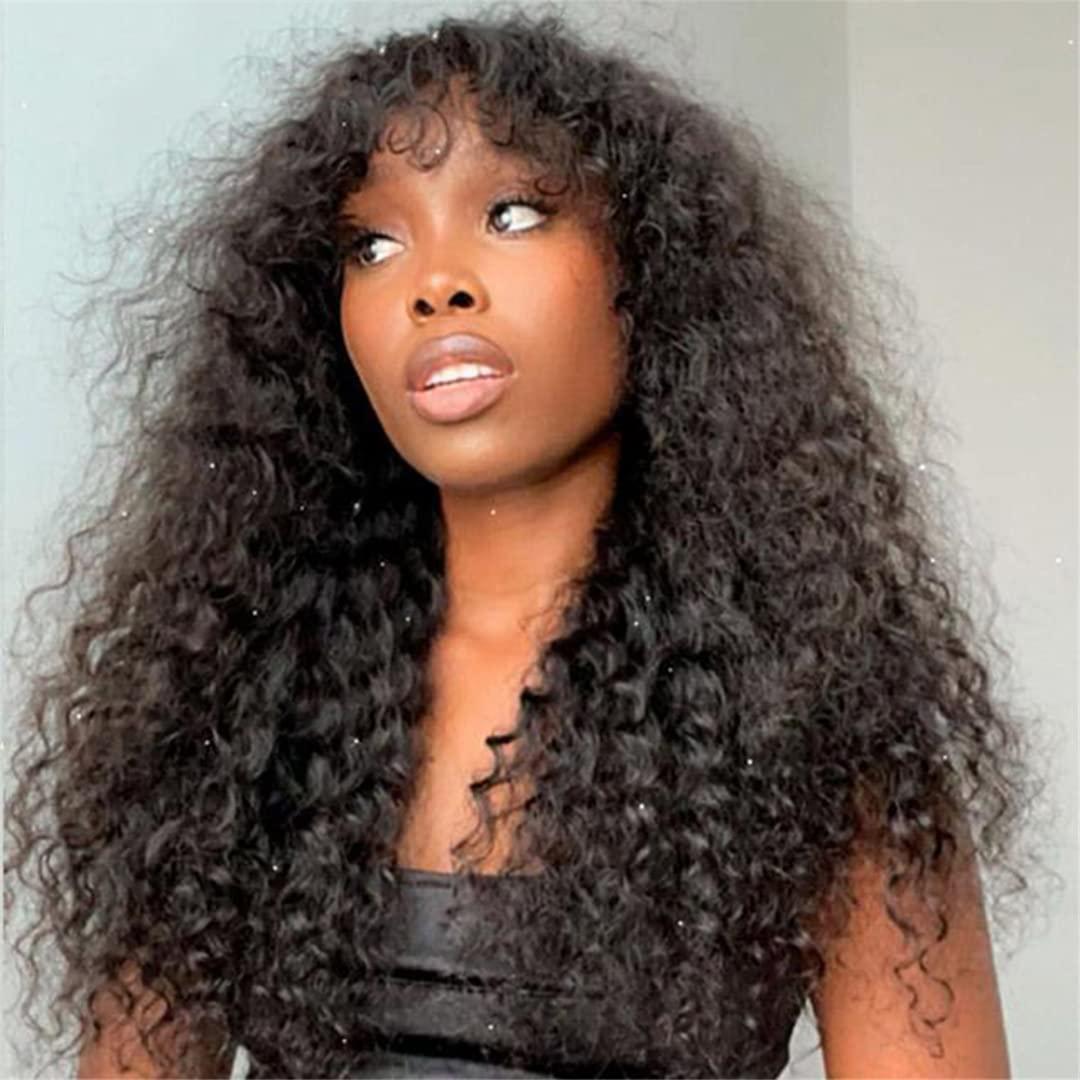 FInspiational Water Wave Wigs For Women Malaysian Curly Human Hair Wigs With Bangs Full Machine Made Wigs Glueless Remy Hair Wig 28inch