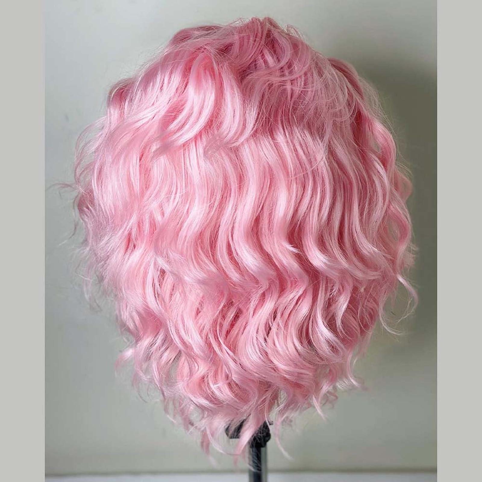 Imeya Imeya Pastel Pink Wig Short Curly Bob Wig Free Part, Synthetic Lace Front Short Pink Wigs for Women, Light Pink Short Bob Wig Heat Resistant Fiber Curly Wig for Daily Party Cosplay Costume