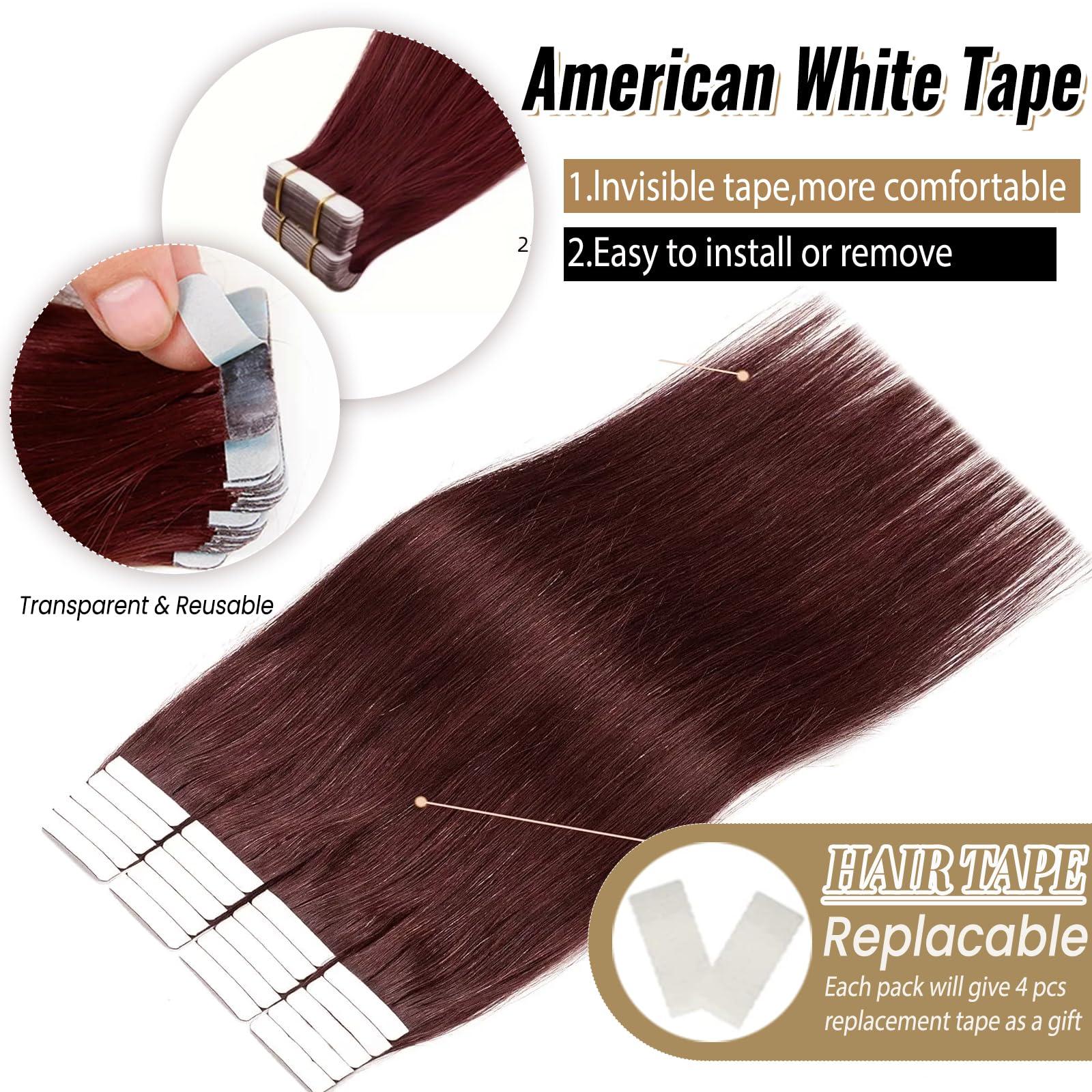 Munx Wine Red Tape in Hair Extensions Human Hair Invisible Hair Extensions Tape in Burgundy Tape in Extensions Real Hair Seamless Tape in Human Hair Extensions 22 Inch #99J 20pcs 60g