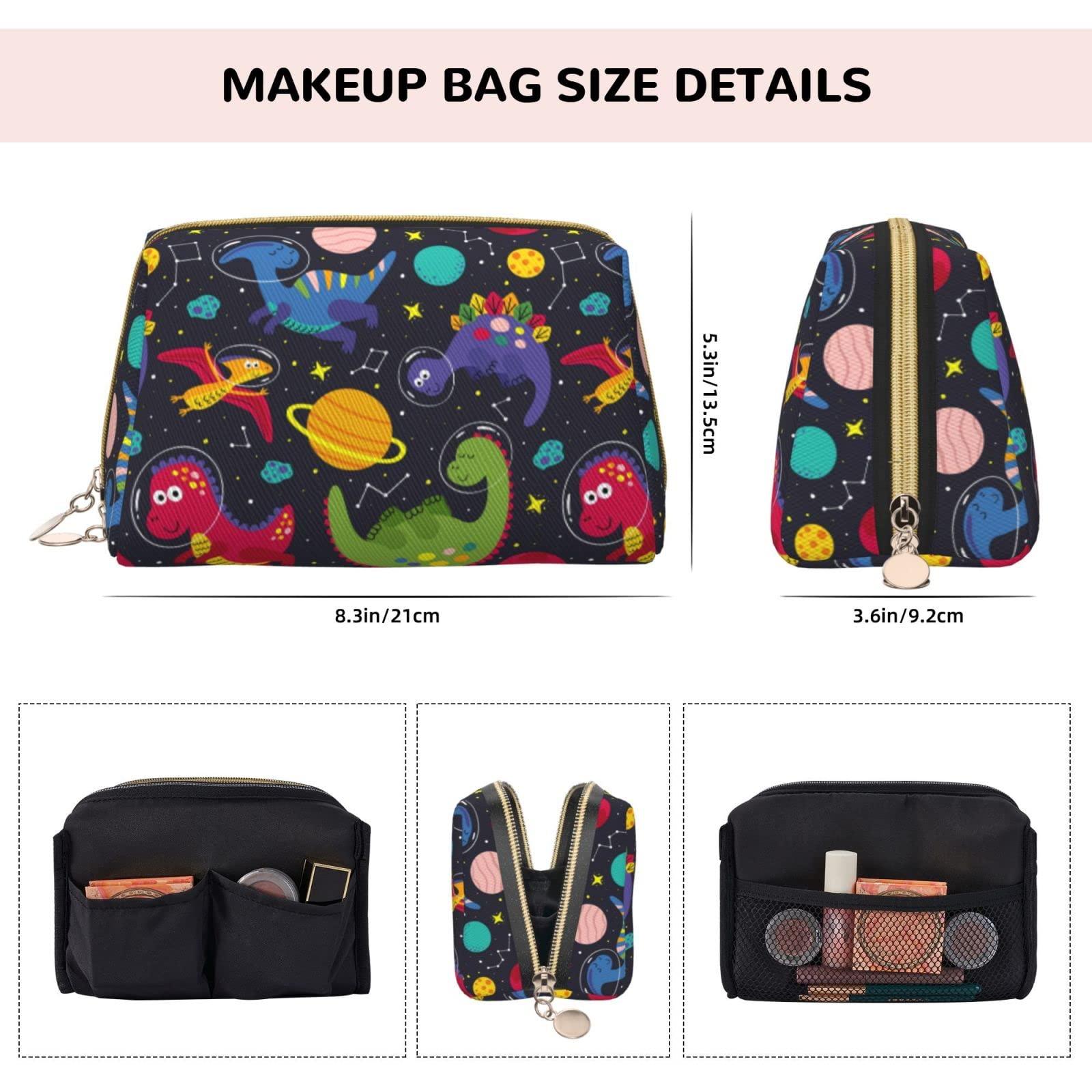 Generic Preppy Makeup Bag for Purse, PU Leather Cute Space Dinosaur Planets Black Makeup Zipper Pouch, Travel Cosmetic Zipper Pouch Makeup Stuff Bag for Women Teen Girl Friends Birthday