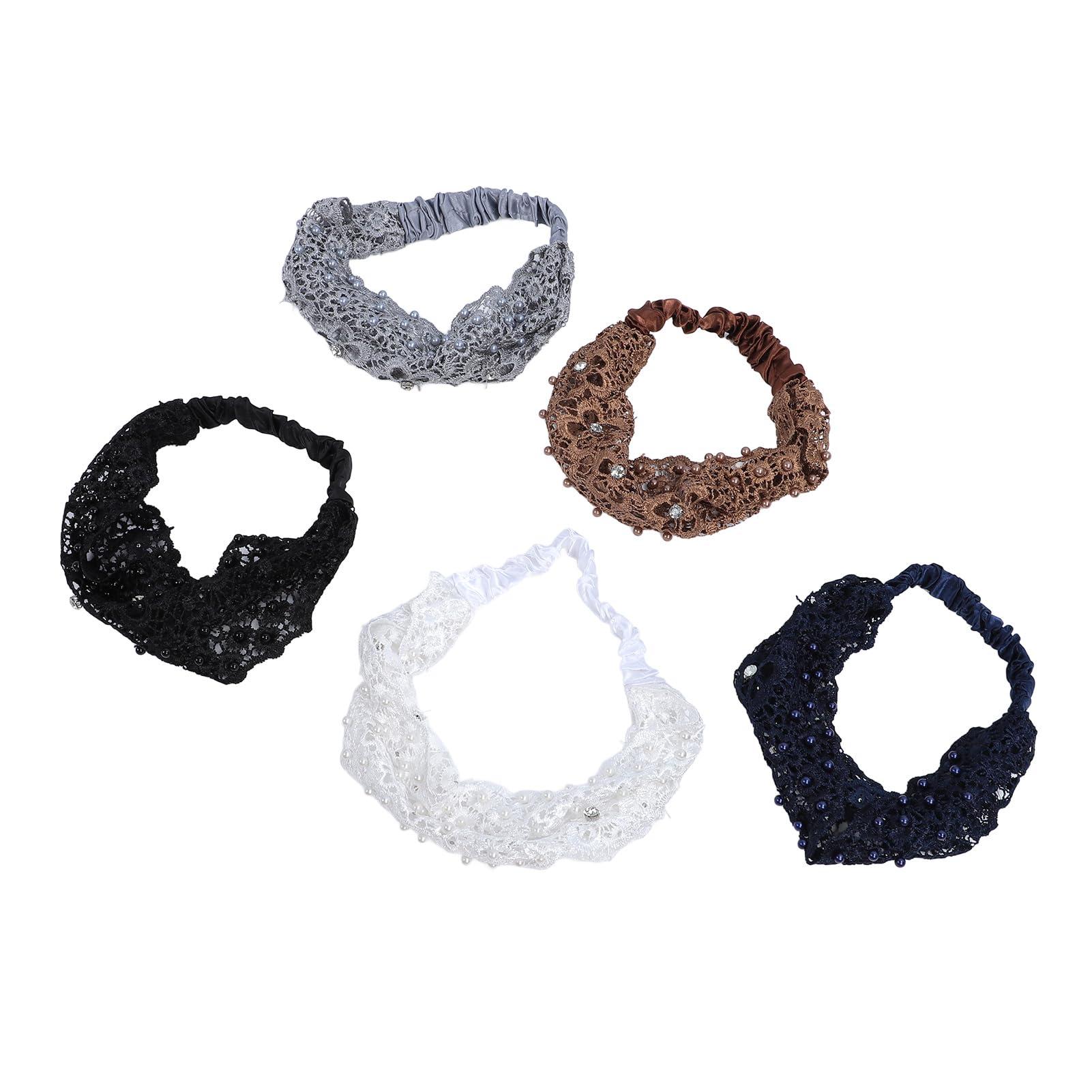 Fabater 5Pcs Elastic Lace Headbands, Fashion Floral Mesh Headband with Pearl Trim for Women for Daily Makeup Chore