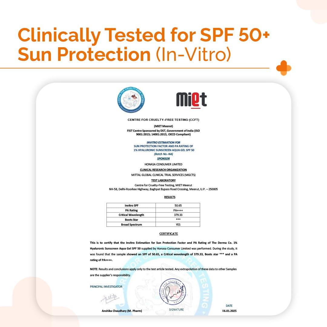 The Derma Co The Derma Co 1% Hyaluronic Sunscreen Aqua Gel with SPF 50 & PA++++ | Broad Spectrum UVA/B & Blue Light Protection | Lightweight & Quick Absorbing with Vitamin E | 1.76 Oz/50g