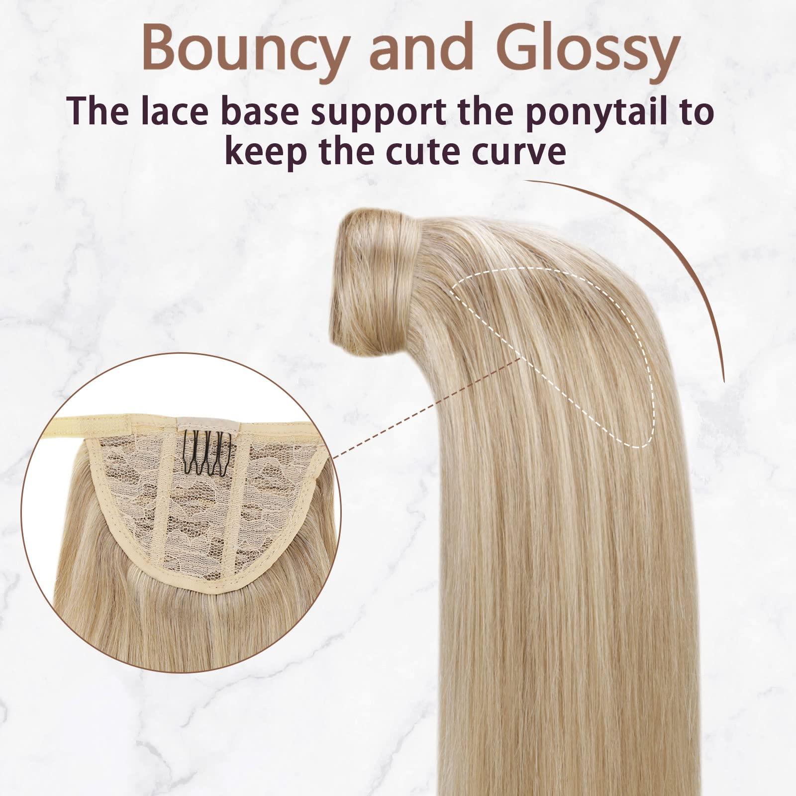 RUNATURE Light Ash Blonde Hiar Extensions Clip Ins 12 Inch Clip Hair Extensions #16p22 and #8p60 Brown with Blonde Human Hair Ponytail Extension 12 inch