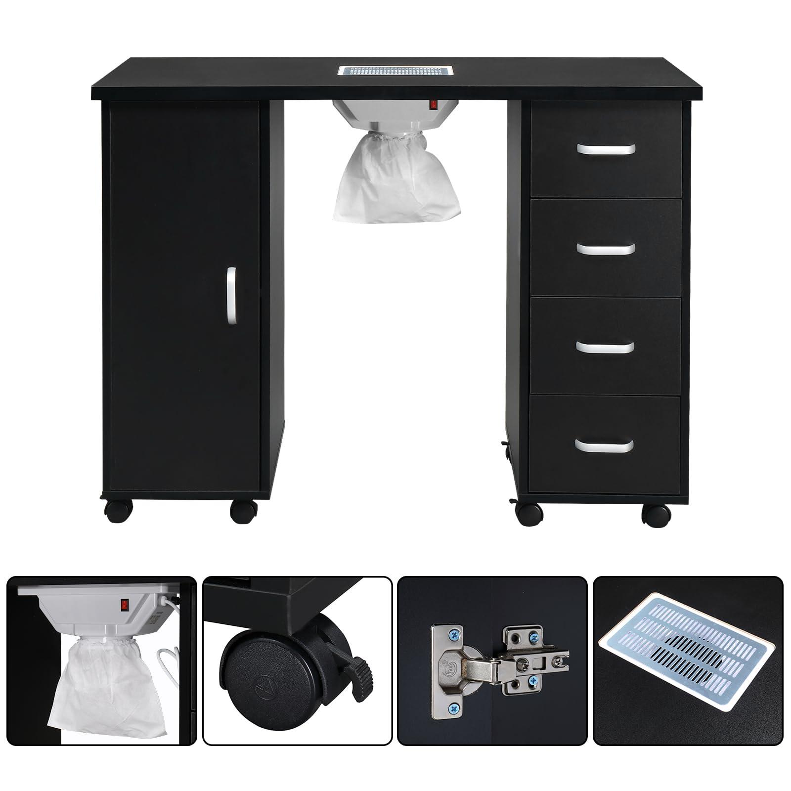 HopeHope Black Nail Desk,Professional Nail Table Nail Art Desk with 4 Drawers Beauty Salon Spa Workstation Equipment for Salon Spa Beauty with Fan, Black Nail Table Spa Salon Storage Equipment Table Nail Tabl