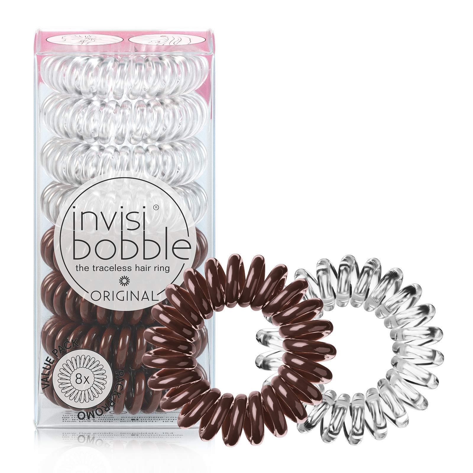 invisibobble invisibobble Original Traceless Spiral Hair Ties - Pack of 8, Crystal Clear and Pretzel Brown - Strong Elastic Grip Coil Accessories for Women - Non Soaking - Gentle for Girls Teens and Thick Hair
