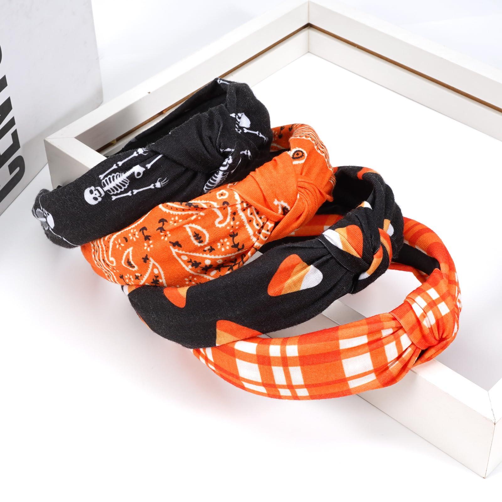 Bookay Halloween Headbands for Women Girls Skeleton Skull Candy Wide Knot Heabdand Fall Orange Bandana Plaid Hairbands Hair Accessories Halloween Party Outfit Gifts