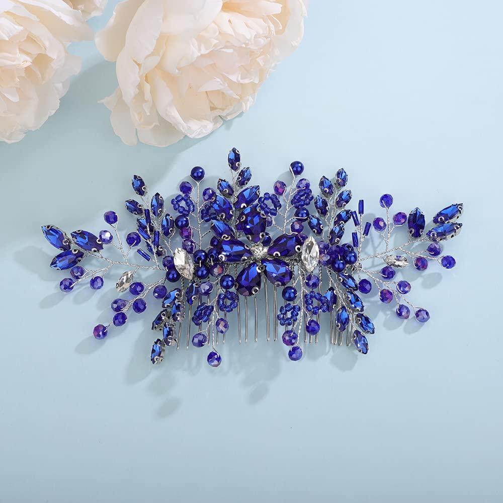 Aimimier Aimimier Bridal Royal Blue Crystal Hair Comb Sapphire Hair Piece Prom Party Festival Wedding Hair Accessories for Women and Girls