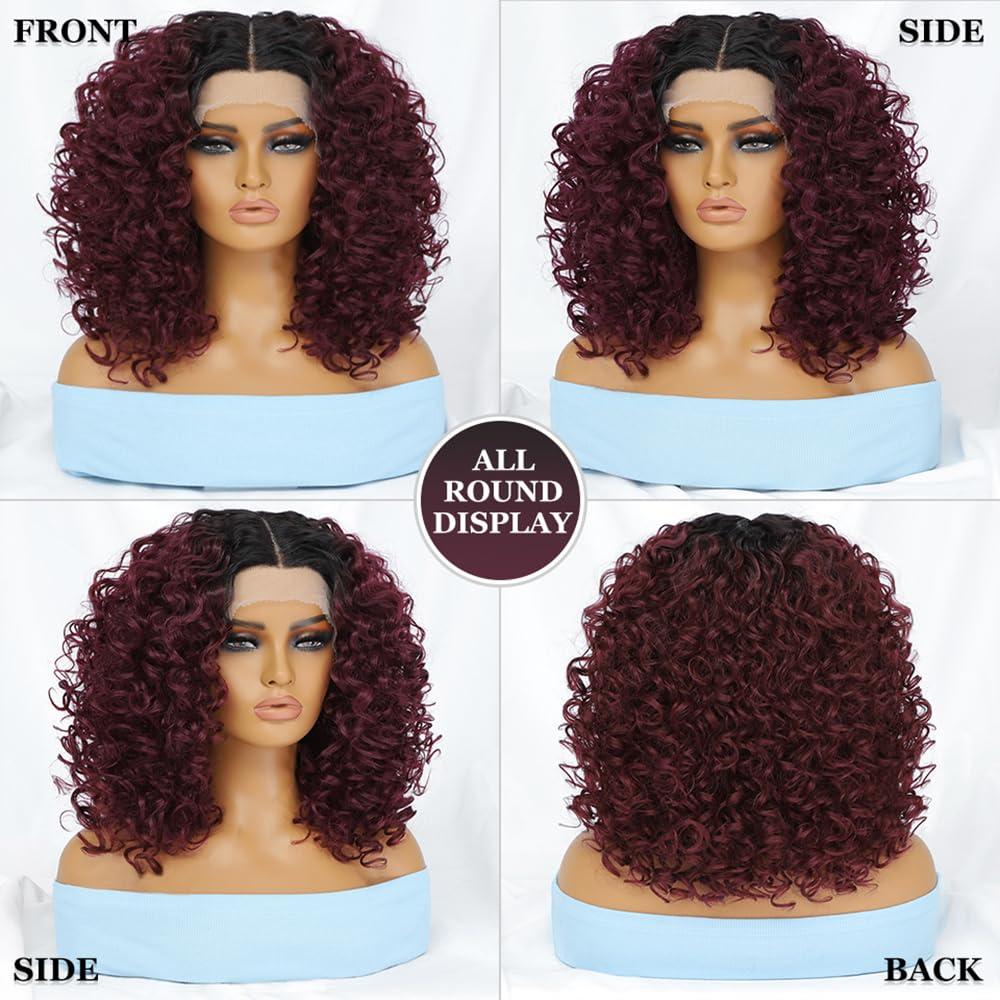 Felek Felek 16inch Curly Lace Front Wigs Middle Part Jerry Curl Wig Ombre Burgundy Color T Lace Front Curly Synthetic Pre-Plucked Deep Curly Wigs For Black Women(T1B/BUG)