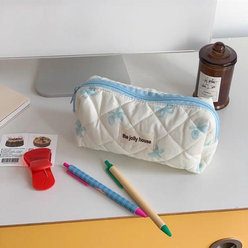 CYee Women Cute Coquette Cosmetic Bag Quilted Bow Tie Cosmetics Pouch Fairycore Puffy Makeup Bag Preppy Zipper Pouch (L,Blue)