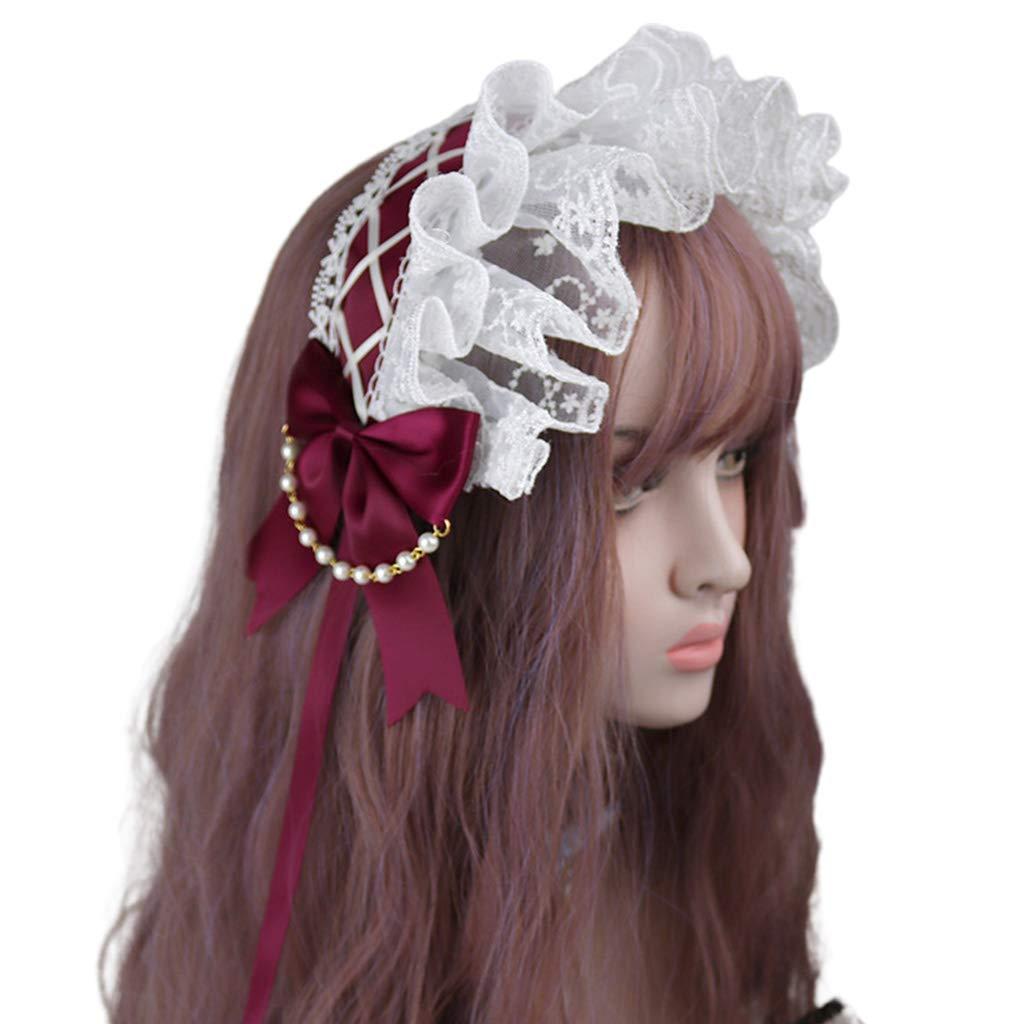 SANGHAI SANGHAI Women Bandana Lolita Ruffled Lace Headband Crisscross Ribbon Bow Pearls Chain Maid Hair Band Light Blue