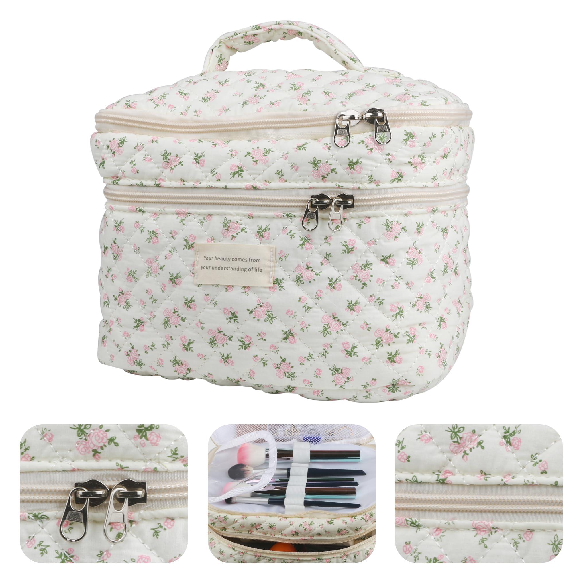 NOYINMIN NOYINMIN Dual Layer Cute Makeup Bag for Women(3 Pcs), Quilted Floral Coquette Aesthetic Make up Bags, Travel Cosmetic Bags Toiletry Organizer Bag(Pink Rose)