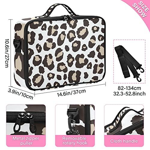 KLL KLL Leopard Print Pattern Large Capacity Cosmetic Case Travel Makeup Train Case with Adjustable Dividers and Shoulder Strap Portable Storage Bag for Toiletry Makeup Brush Jewelry Travel Accessories
