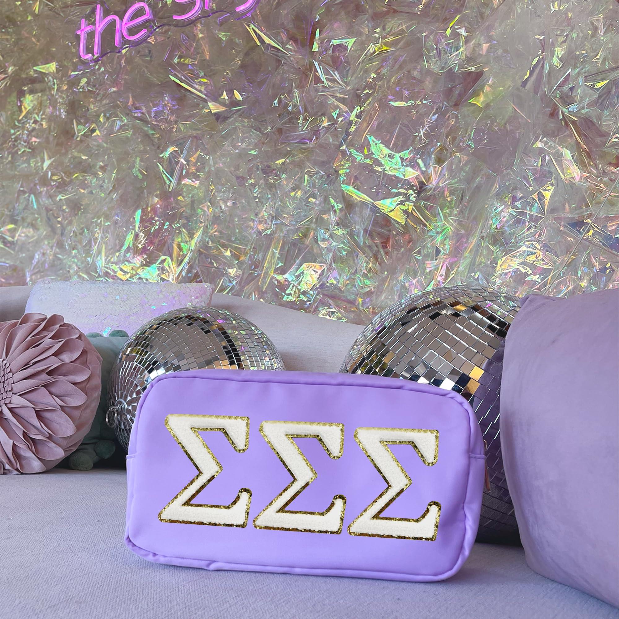 Go Greek Chic Sigma Sigma Sigma Nylon Makeup Travel Bag, Glitter Greek Letter Patch, Cosmetic Case - Purple -