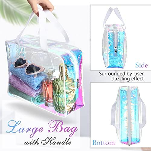 Sweetude Sweetude 10 Pcs Large Clear Toiletry Bag Large Capacity Travel Makeup Bag PVC Clear Plastic Tote Bag Iridescent Cosmetic Bag Cosmetic Clothes Organizer Bag for Women Men